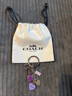 COACH RARE VINTAGE Heart Charm Keychain Purple Silver Bag Charm Key Ring Logo
